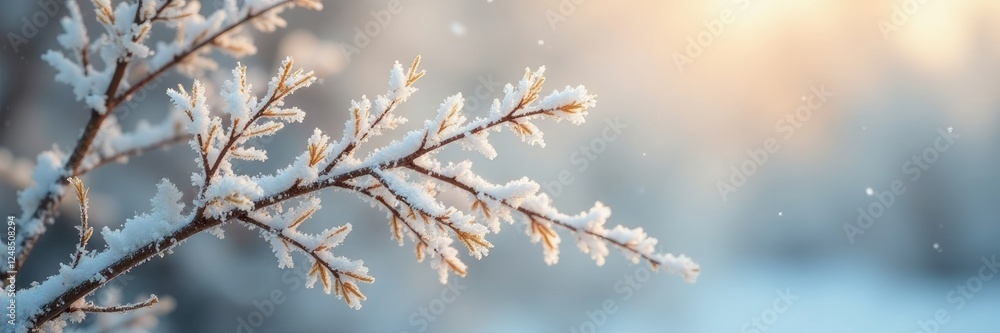 Snow-encrusted willow branch with frosty leaves, winter, beige, nature Snow-encrusted willow branch with frosty leaves, winter, beige, nature