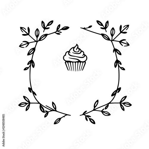 Cupcake surrounded by a leaf wreath, creating a frame around the cupcake.