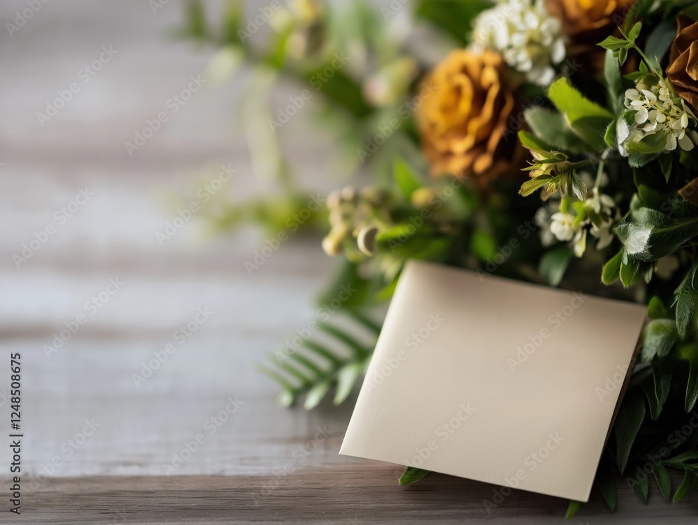 Obraz premium A thank-you note elegantly placed in a bouquet of fresh flowers with earthy tones, resting on a rustic wooden surface, conveying gratitude and appreciation