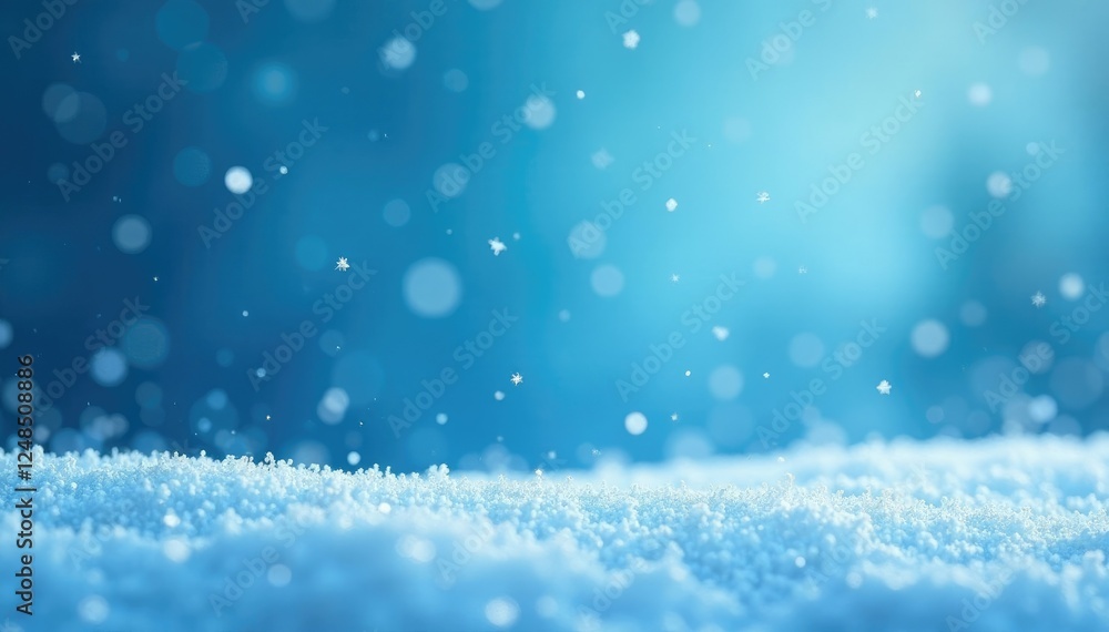 Fototapeta premium Snowflakes gently fall on a serene blue horizon, gradient colors, frosty texture, calm scene