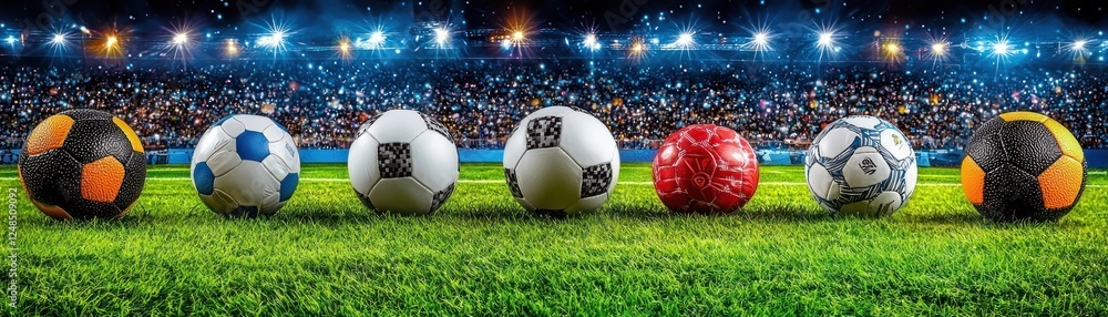 Fototapeta premium Soccer Balls on Field Stadium Background