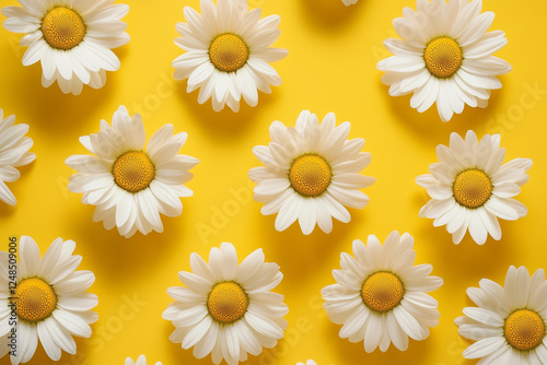 closeup photo of delicate white daisy flowers with bright yellow centers, evenly arranged in a scattered pattern on a butter yellow background  photo