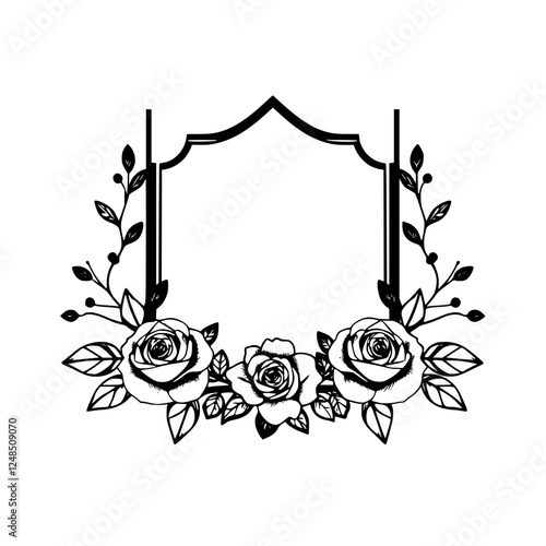 Floral Frame: A stylized line art illustration of roses and leaves around a central, empty frame.