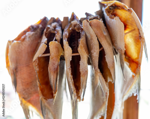 Dried fish hanging in a sunny seaside location for preservation photo