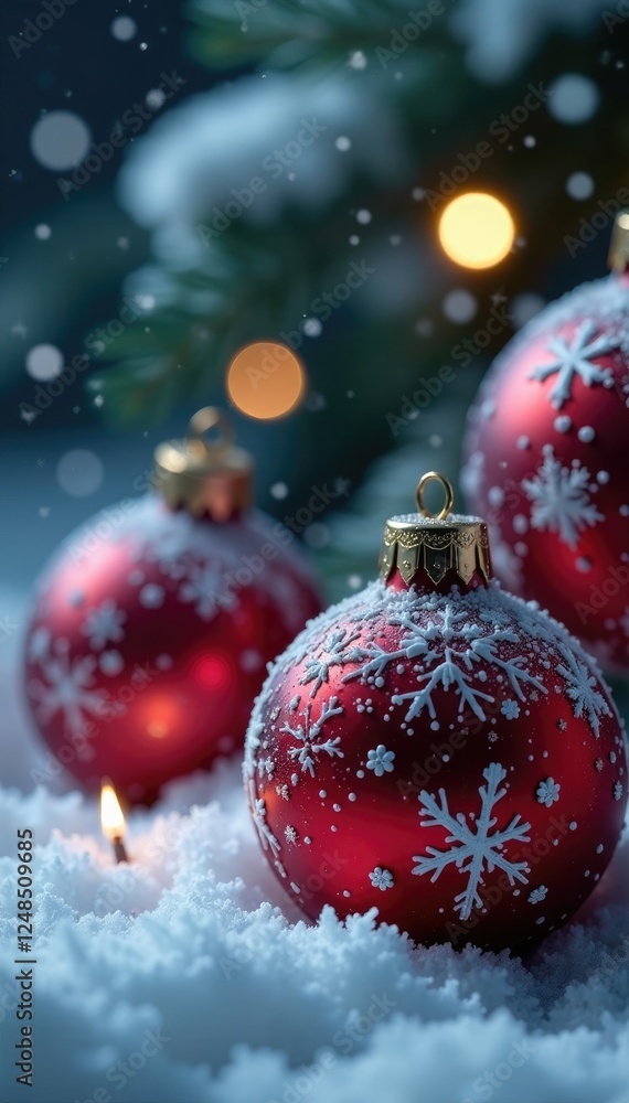 Snowflakes gently landing on Christmas ornaments, icy, snowflake Snowflakes gently landing on Christmas ornaments, icy, snowflake