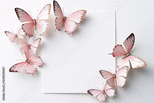 White blank invitation card and pink butterflies on a white background