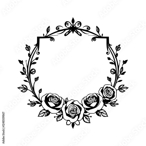 Black and white floral wreath featuring roses and leaves, decorative framed borders.