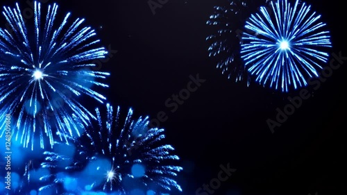 Celebrating blue fireworks on night black background isolated video