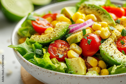 closeup photo of a fresh summer salad in a white ceramic bowl, featuring vibrant chopped romaine lettuce, juicy cherry tomatoes, creamy avocado chunks, sweet corn kernels, and finely diced red onions  photo