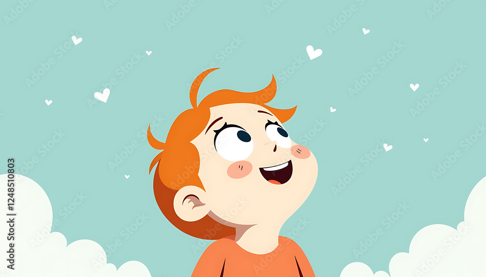 Happy child looking up at hearts in the sky Happy child looking up at hearts in the sky