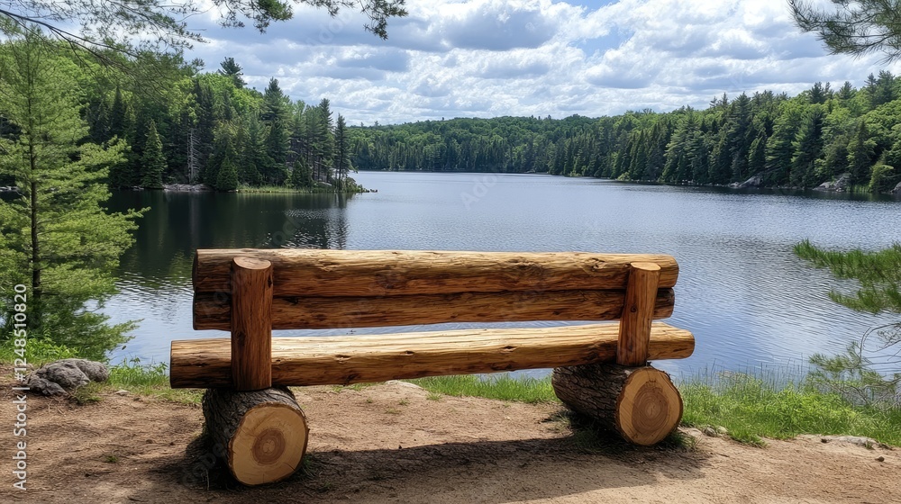 Rustic Wooden Bench Overlooking Serene Lake And Forest Rustic Wooden Bench Overlooking Serene Lake And Forest