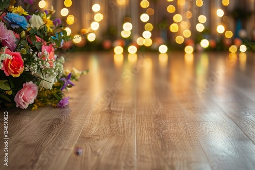 Closeup of an empty smooth light wood floor with colored lights and floral bouquets, birthday party atmosphere in the background