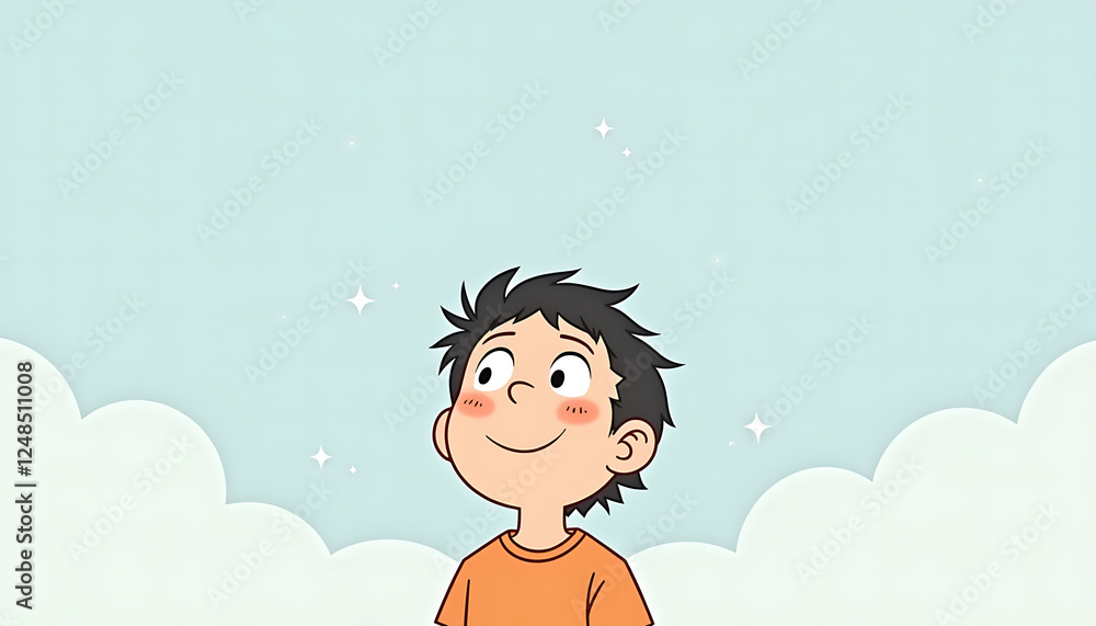 Happy boy looking up at sky with clouds Happy boy looking up at sky with clouds