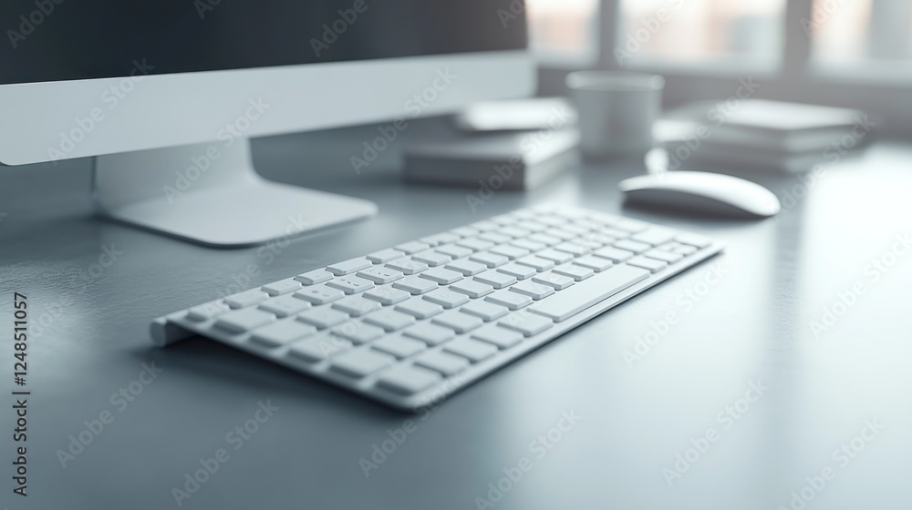 Office desk, keyboard, computer, sunlit window, work Office desk, keyboard, computer, sunlit window, work