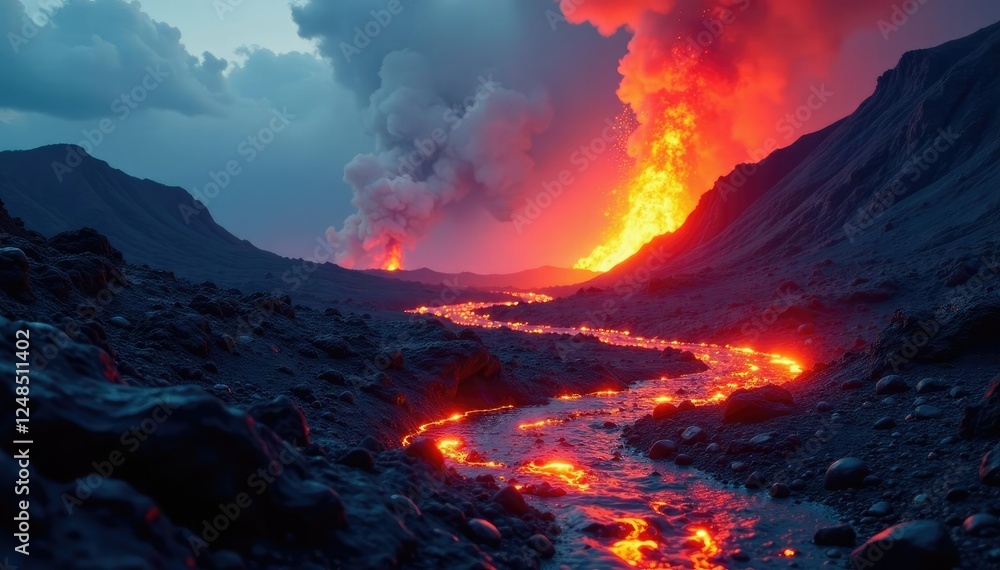 Fototapeta premium Volcanic eruption landscape with lava streams, ash, heat, flow