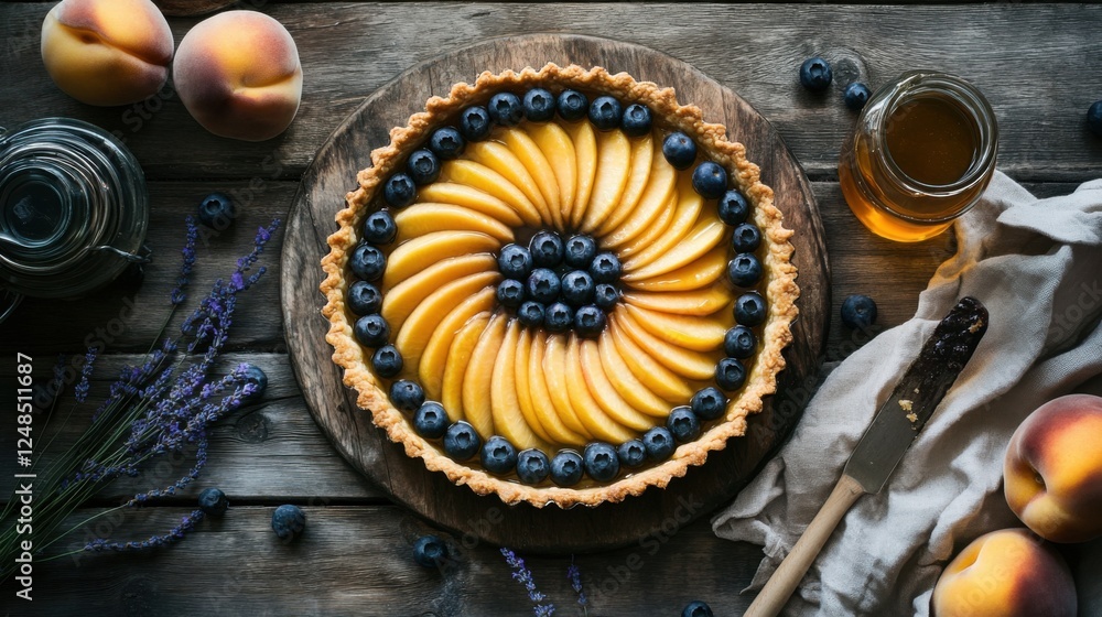 Rustic Peach and Blueberry Tart with Honey on Wooden Table - Perfect for Summer Desserts Rustic Peach and Blueberry Tart with Honey on Wooden Table - Perfect for Summer Desserts