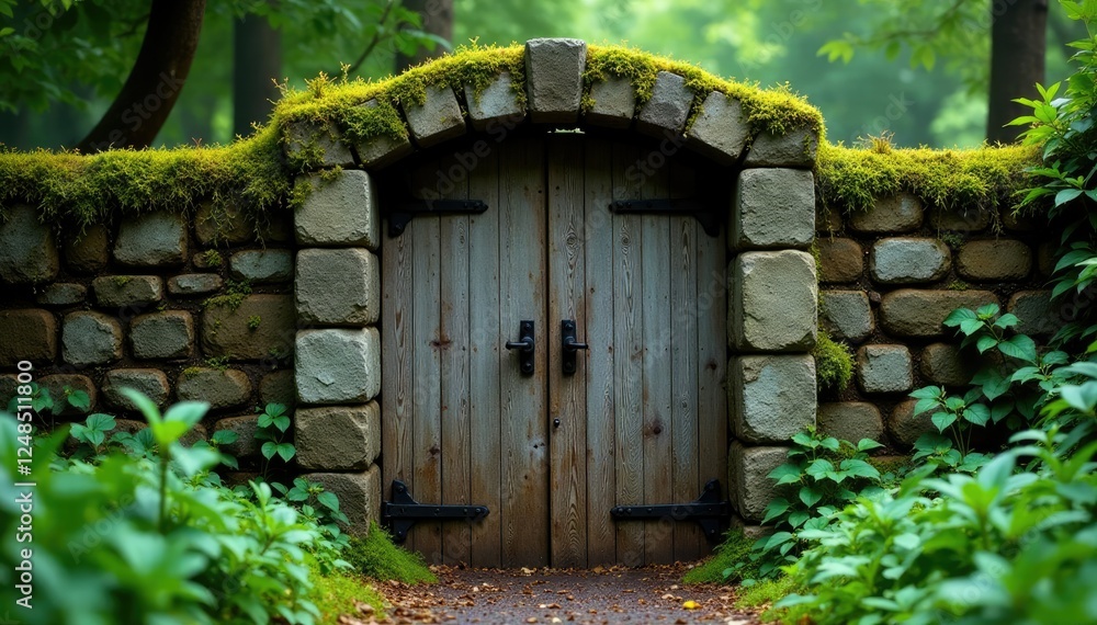 Ancient wooden gate with moss and lichen covering its surface, nature, moss