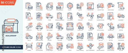 Dealership icon collection Outline Color Style. Car repair, Test Drive, Car trade, Car Loan, Dealership, Car Inspection