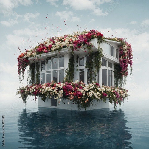 A surreal floating house with a waterfall of flowers spilling from the windows, white background.