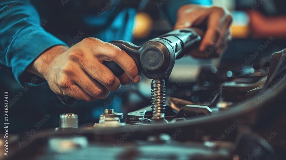Mechanic repairing car engine using specialized tool Mechanic repairing car engine using specialized tool