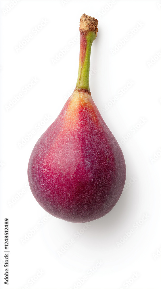 Purple skinned fig displaying rich color, smooth surface and green stem, positioned against pristine white background, highlighting natural fruit details and organic elegance Purple skinned fig displaying rich color, smooth surface and green stem, positioned against pristine white background, highlighting natural fruit details and organic elegance