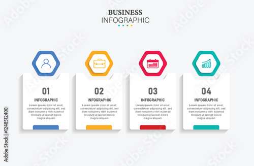 Vector infographic label design template with modern hexagon layout. Business concept with 4 steps, options.