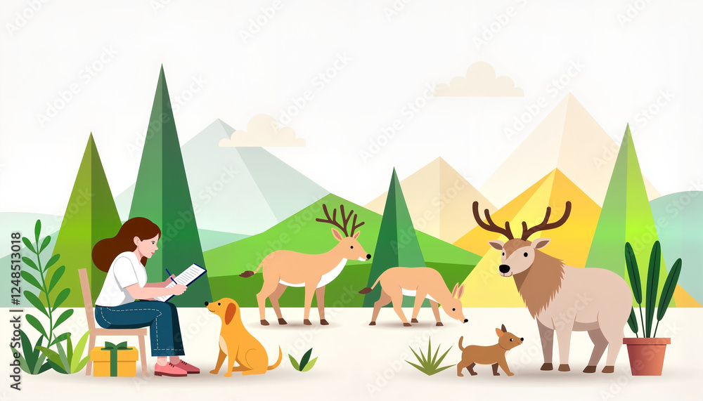 Obraz premium Woman reading in nature surrounded by deer and dog