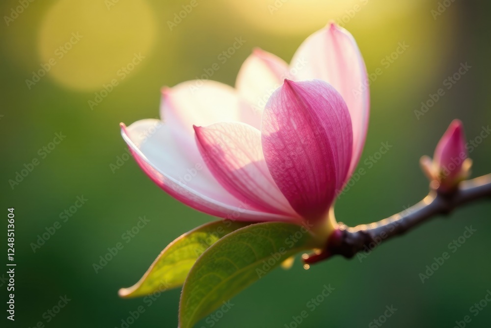 Fototapeta premium Delicate pink and white petal unfolding on a branch in the morning light, green, petals, white