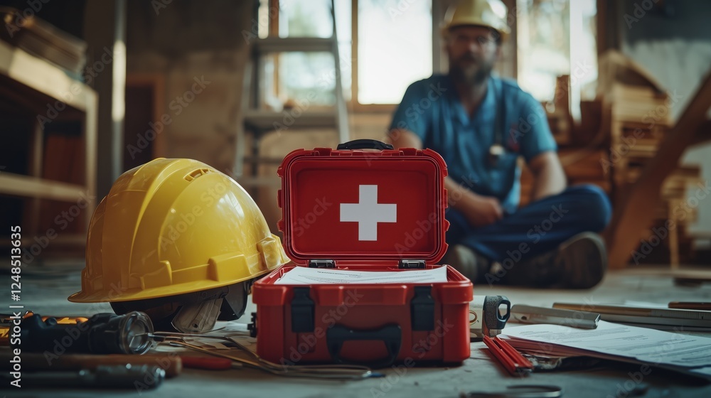 Fototapeta premium Close-Up of Construction Site with First Aid Kit, Hard Hat, and Carpenter Tools Highlighting Safety Measures in Woodworking Environment