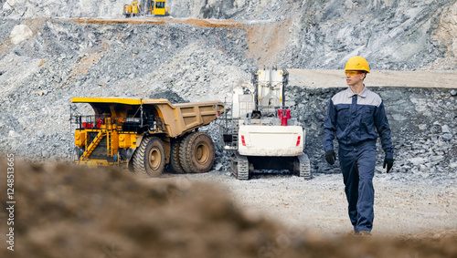 Obraz na płótnie Engineer worker work in open pit mine with mining truck in background
