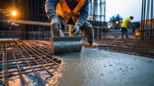 Construction Worker Applying Fresh Concrete with Roller on Steel Framework at Sunset with Ambient Lighting at Construction Site