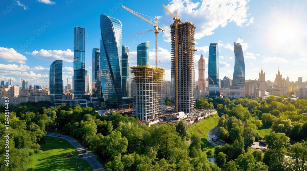 Obraz premium Modern Urban Landscape with Skyscrapers Under Construction Amidst Lush Green Park and Scenic Skyline Beneath Bright Blue Sky