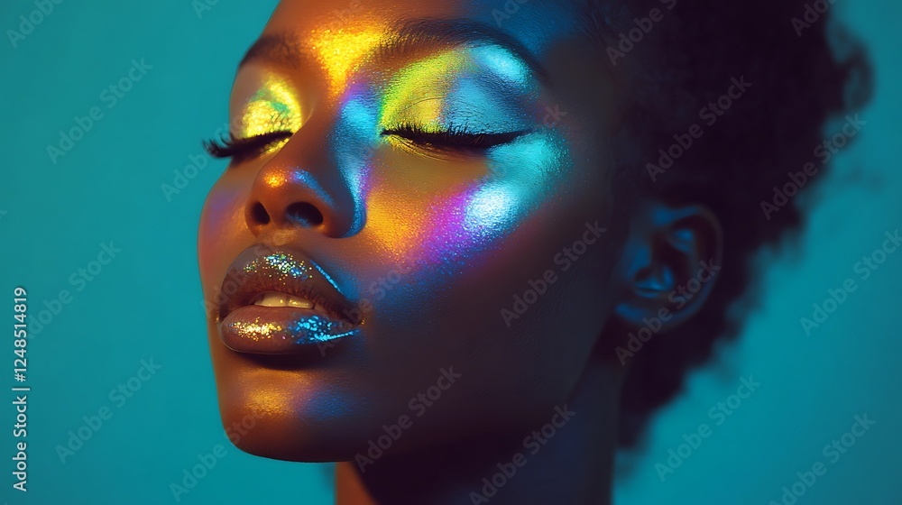 Portrait of a woman with holographic highlighter Portrait of a woman with holographic highlighter