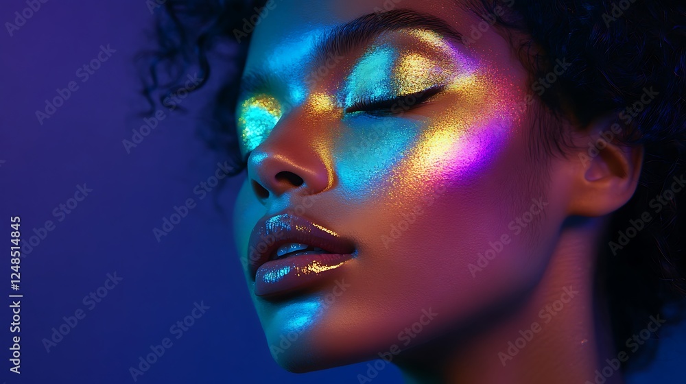 Portrait of a woman with holographic highlighter Portrait of a woman with holographic highlighter