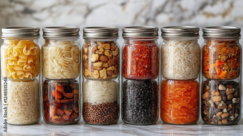 Pantry staples in jars on marble Pantry staples in jars on marble