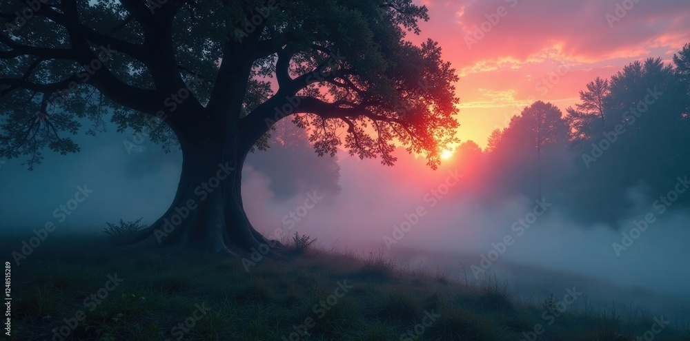 Mysterious fog clings to ancient tree trunks at dusk, branches, trees Mysterious fog clings to ancient tree trunks at dusk, branches, trees