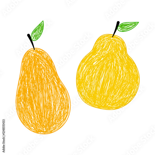Two hand-drawn pears with a scribble texture, featuring green leaves and a white background.