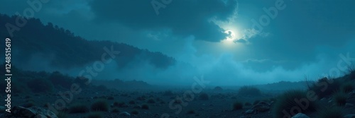 Nocturnal vapors waft across a desolate terrain, atmospheric mist, nightfall, mysterious fog