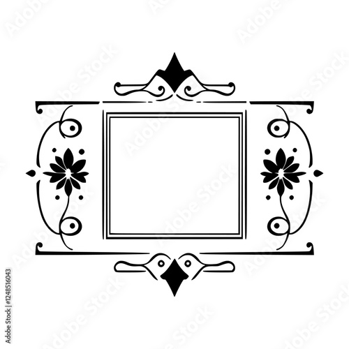 Elegant, symmetrical black and white floral frame with decorative elements and a square center.