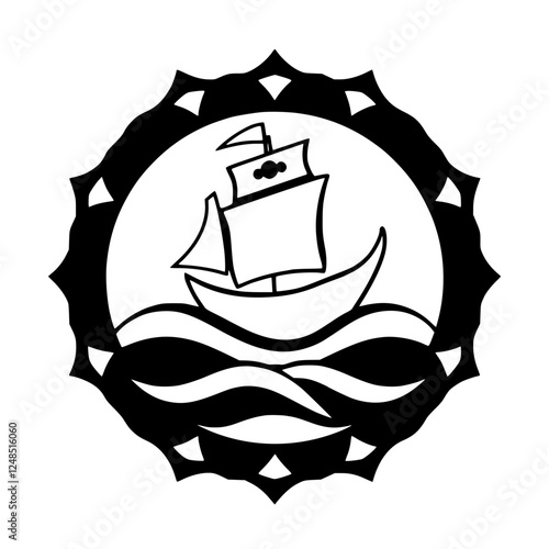 Vector graphic of a monochrome sailing ship, centered inside a circular black patterned border.