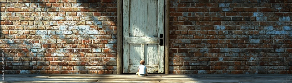 Child standing before weathered door in brick wall Child standing before weathered door in brick wall