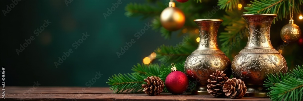 Fototapeta premium Ornate vases with pinecones and greenery on the tree, greenery, pinecones, ornaments