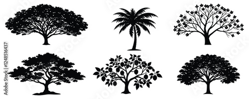 black tree of live icon. Evergreen forest firs and spruces black shapes, wild nature trees templates. Evergreen trees, pine tree, oak tree, trees forest, bushes trees no white background.