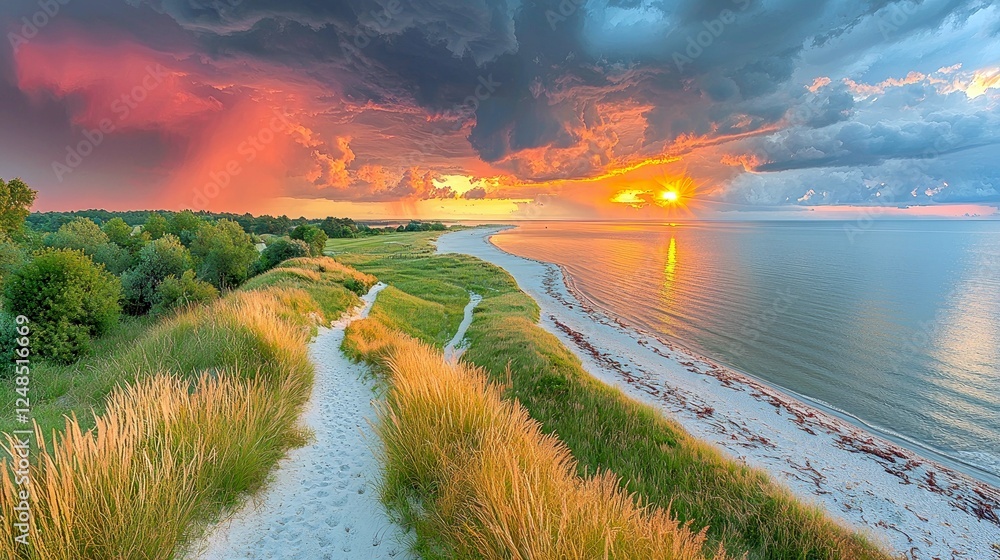 Obraz premium Stunning sunset over sandy beach and dunes, vibrant colors paint the sky and ocean. A peaceful path leads to the tranquil shore. Perfect summer vacation scene.