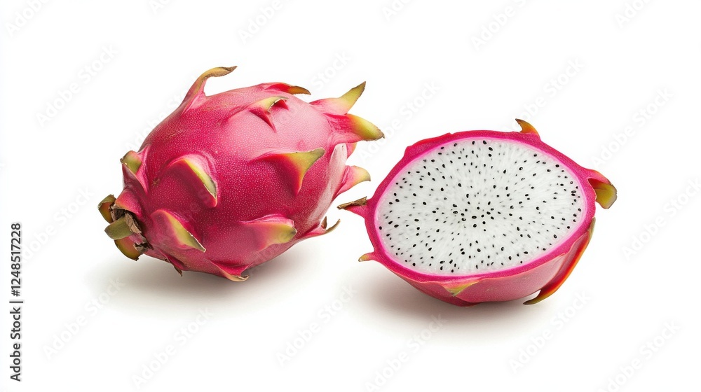 Obraz premium Vibrant pink dragon fruit whole and halved displayed on white surface