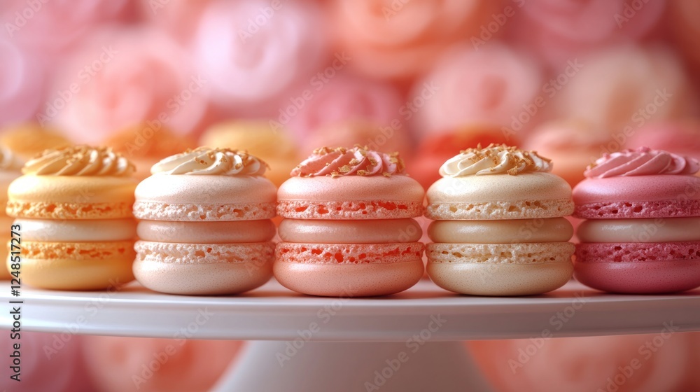 Fototapeta premium Pastel macarons on cake stand, rose backdrop, dessert display