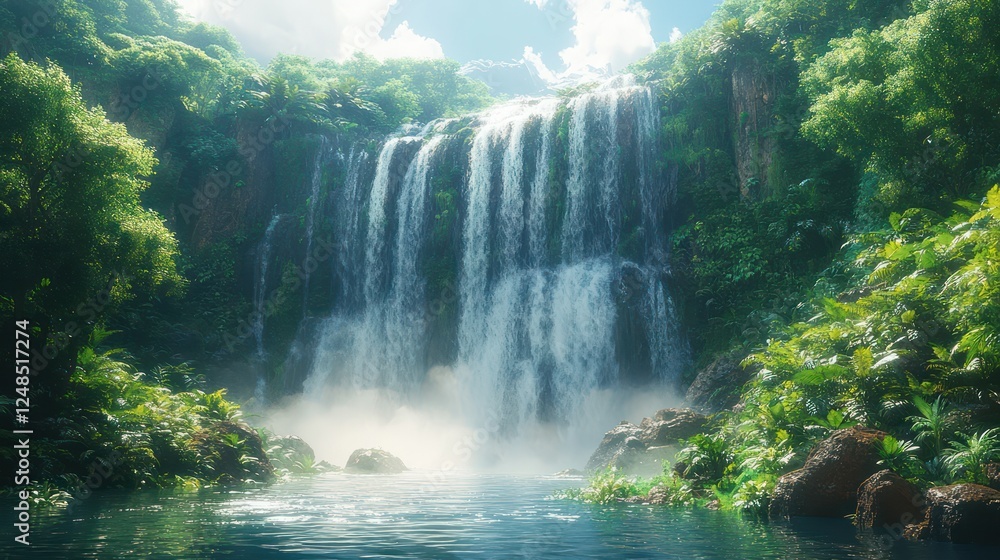 Fototapeta premium Serene Waterfall in Lush Tropical Paradise