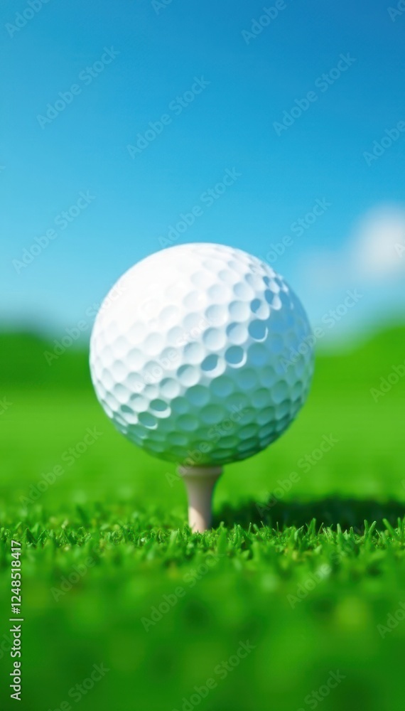 Immaculate golf ball on vibrant green, clear blue sky , idyllic, serenity Immaculate golf ball on vibrant green, clear blue sky , idyllic, serenity