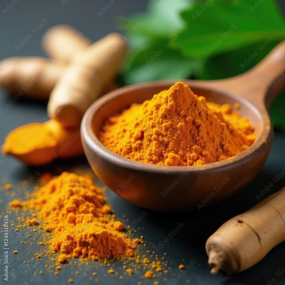 Turmeric Curcuma longa Linn powder in wooden bow, rhizome, background, root Turmeric Curcuma longa Linn powder in wooden bow, rhizome, background, root