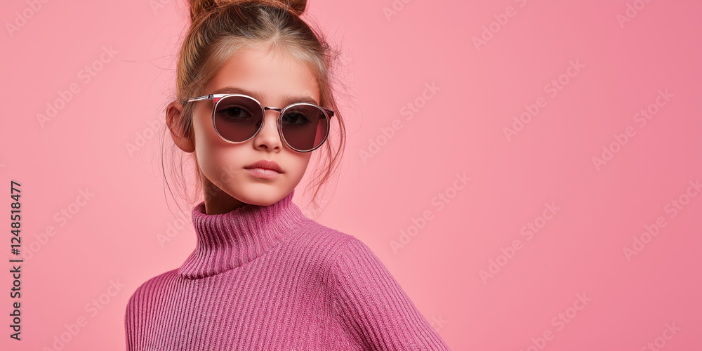 Girl in pink turtleneck sweater and sunglasses with hair bun on pink background. Eyewear catalog Girl in pink turtleneck sweater and sunglasses with hair bun on pink background. Eyewear catalog